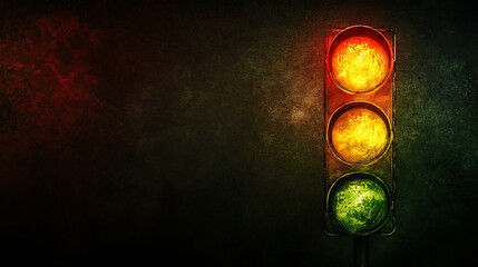 Glowing Traffic Light at Night Dark Grunge Background