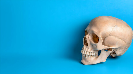 Obraz premium Human skull model on a bright blue background with copy space for medical study.