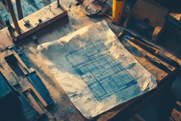 Crumpled Blueprint of Building on Dusty Desk with Drafting Tools