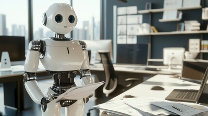 Household service humanoid robot organizing a bustling home office workspace, productive home environment with distant view of desks and digital workstations, Office Organizer style