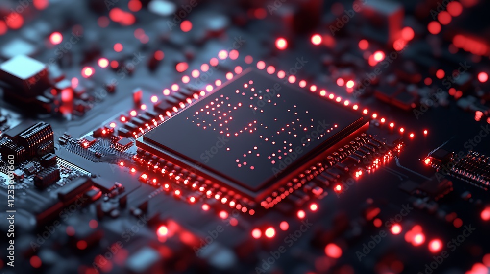 Fototapete close-up view of circuit board with red glowing microchip under focus : generative ai