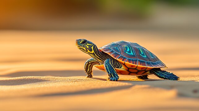 Colorful Painted Turtle Walking on Golden Sandy Beach under Sunlight : Generative AI