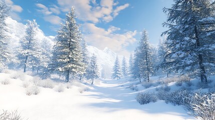 Obraz premium A serene winter landscape with snow-covered trees and a clear blue sky.