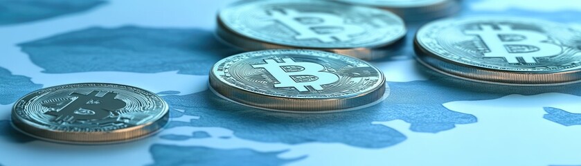 Cryptocurrency Coins on World Map Background for Financial Analysis and Investment Insights
