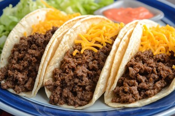 Delicious Tacos with Ground Beef, Shredded Cheese, Fresh Lettuce, and Side Sauces Served on a Blue Plate for a Tasty Mexican Meal Experience