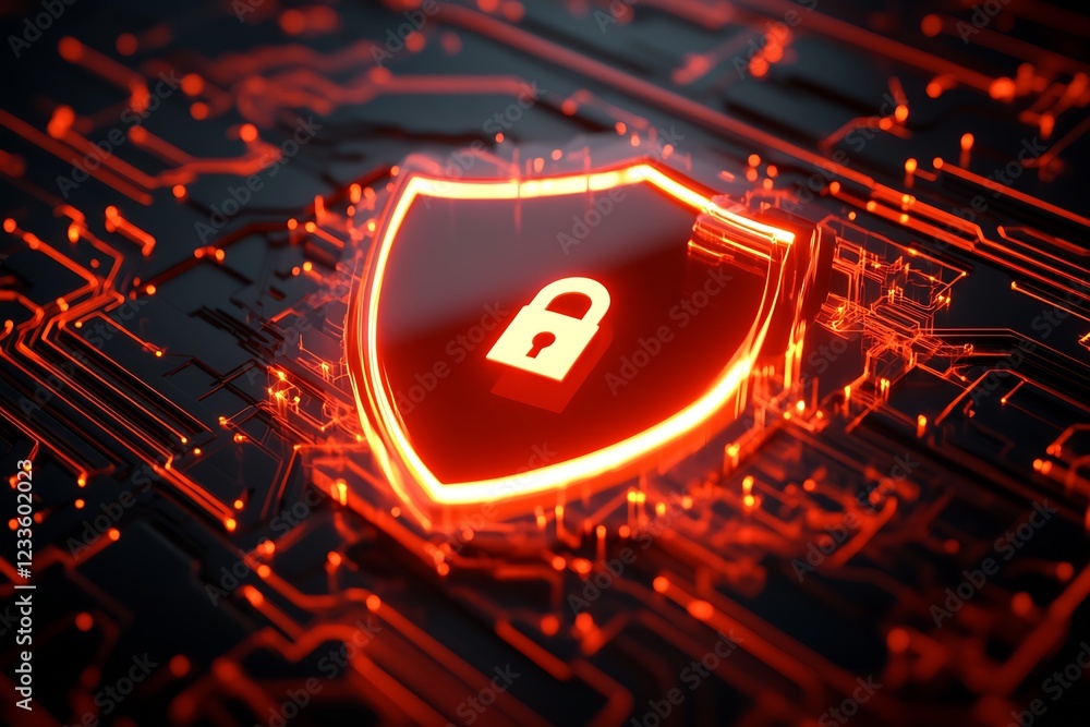 Aufkleber Digital Shield Lock Symbolizing Online Security with Red Circuit Lines : Generative AI