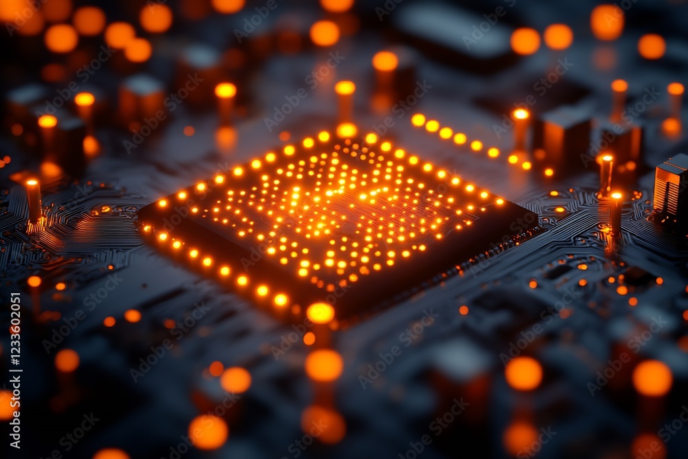 Poster Illuminated Circuit Board with Bright Orange Data Display and High-Tech Innovation : Generative AI