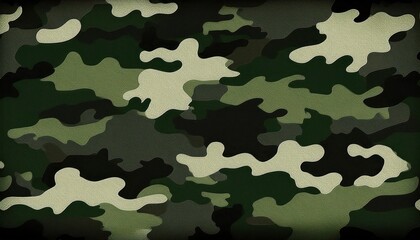 Seamless Army Green Camouflage Texture A Detailed Repeating Pattern in Military Hunting Background, Emphasizing Realistic Depth and Tactile Quality.