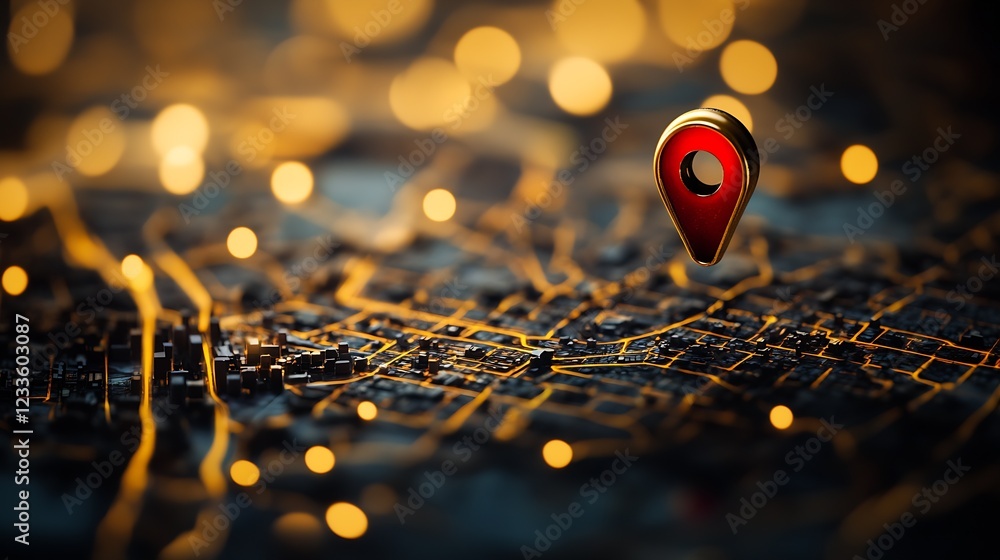 Fototapete Geolocation Point on Dynamic Urban Map with Glowing Routes : Generative AI