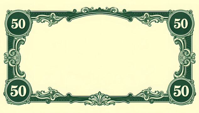 Blank fifty dollar bill frame vector. Features ornate green border design with number 50 in all four corners. Empty currency template for financial concepts and custom designs.