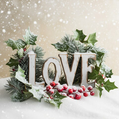 A Christmas tree toy in the form of a heart hangs on a branch covered with snow.