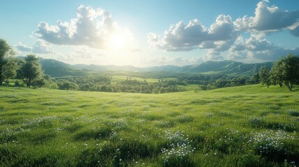 Obraz premium Serene Summer Meadow Landscape: Rolling Hills, Green Grass, and a Sunny Sky