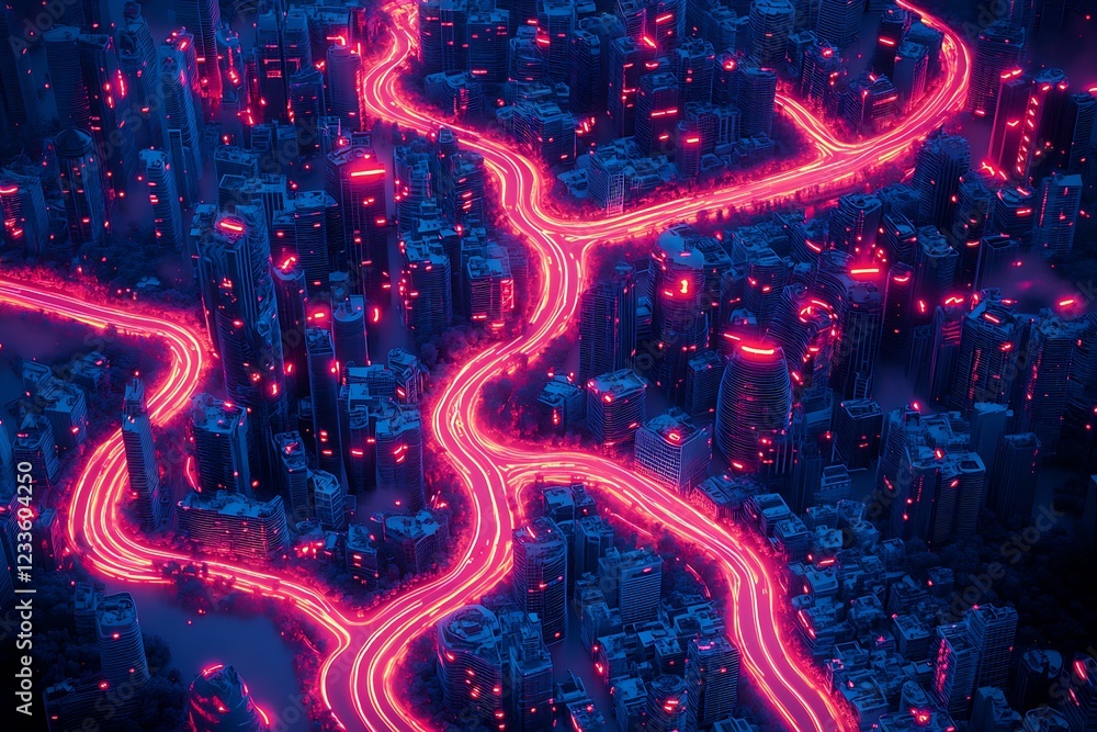 Poster high angle view of a neon cityscape with futuristic roads in a vibrant urban environment : generativ