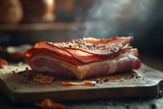 Delicious artisanal whole smoked slab bacon on a cutting block