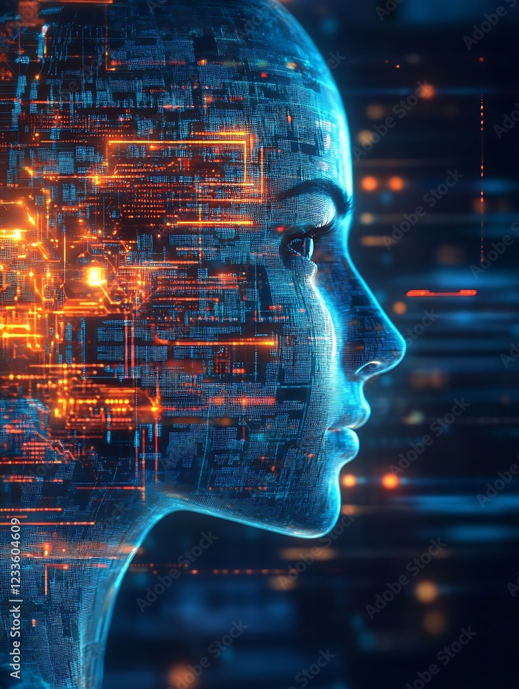 Poster Futuristic Digital Face with Complex Geometric Cybernetic Patterns and Lighting Effects : Generative AI