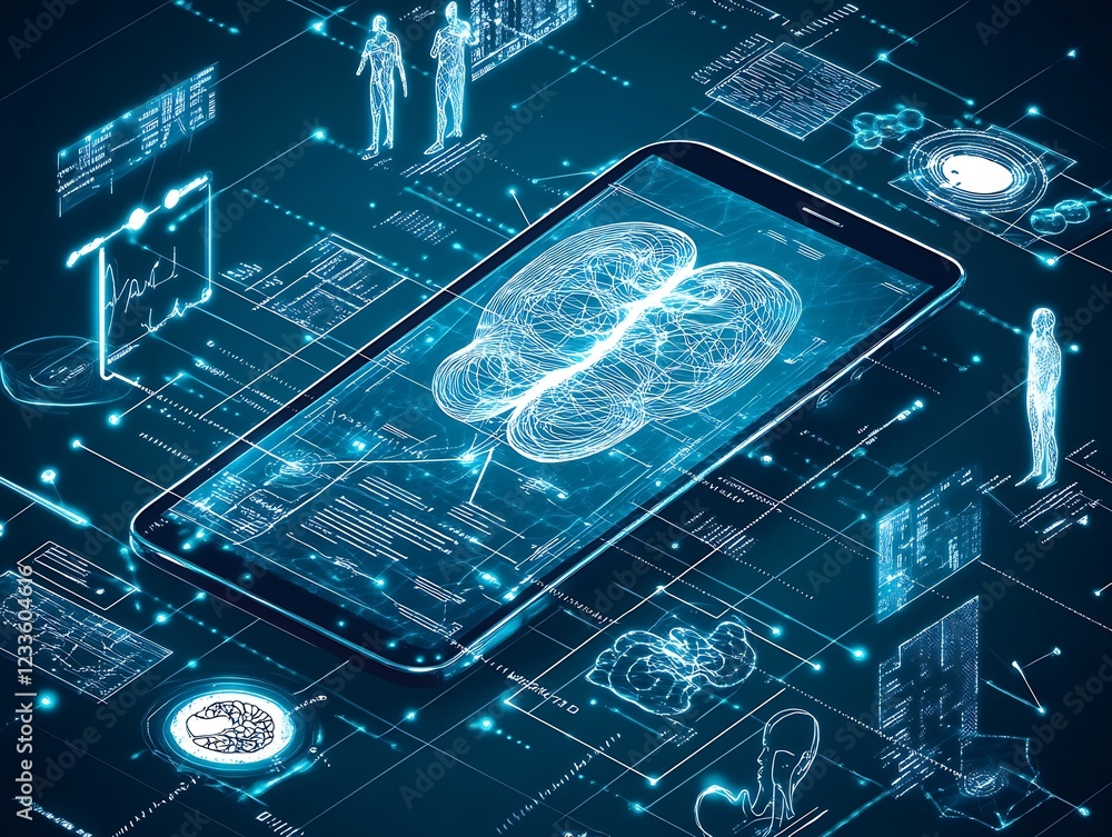 Poster Futuristic Digital Brain Interface with Tech Graphics on Smartphone : Generative AI