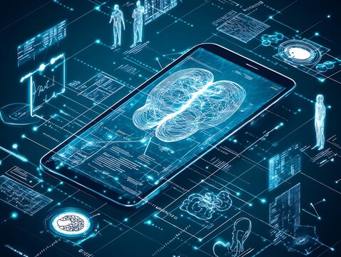 Futuristic Digital Brain Interface with Tech Graphics on Smartphone : Generative AI - Powered by Adobe