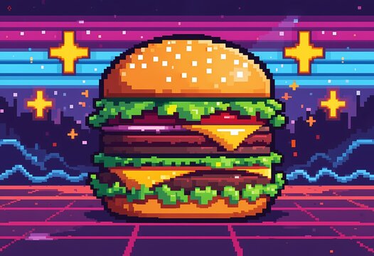 Retro 80s style pixel art double cheeseburger.