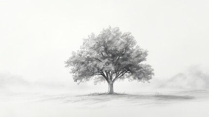 Solitary tree sketch, misty field, peaceful dawn, nature art