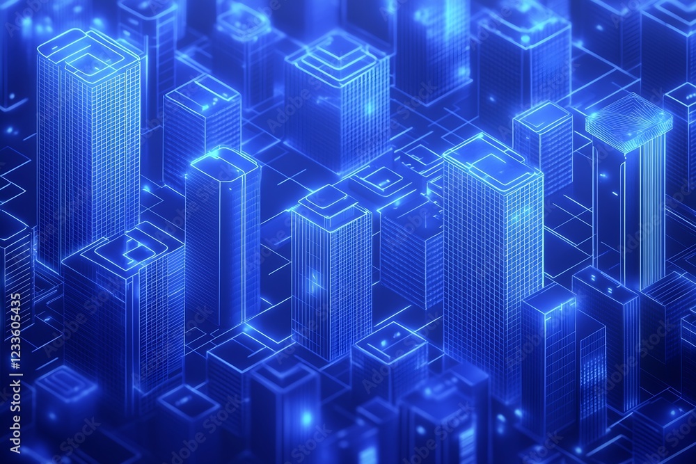 Poster blue digital skyscrapers in futuristic city with complex cyber architecture : generative ai