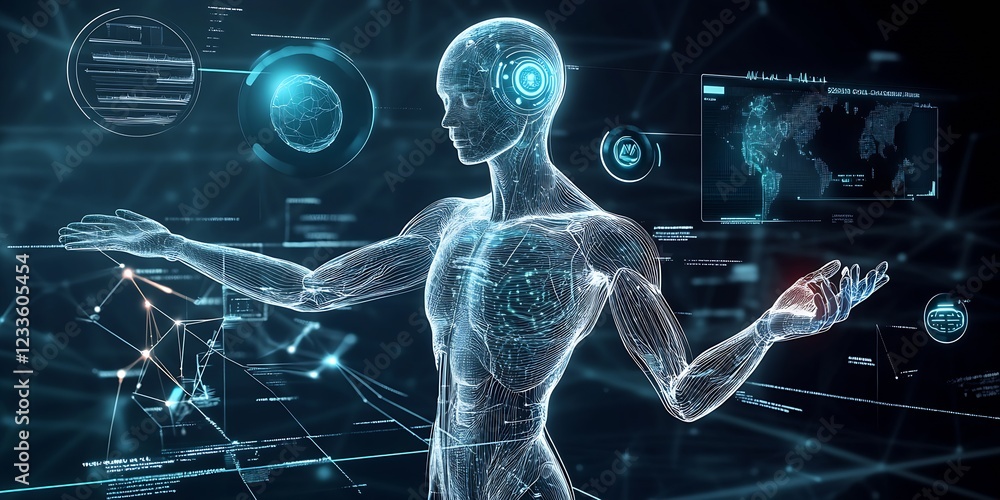 Poster futuristic digital human navigating holographic data with artificial intelligence : generative ai