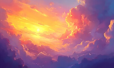 Fototapeta premium Vibrant sunset over fluffy clouds, peaceful landscape, idyllic scene, perfect for background