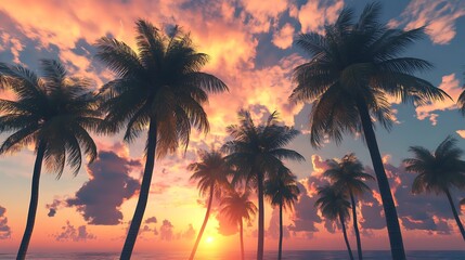 Obraz premium A serene sunset over a beach with palm trees, creating a tranquil atmosphere.