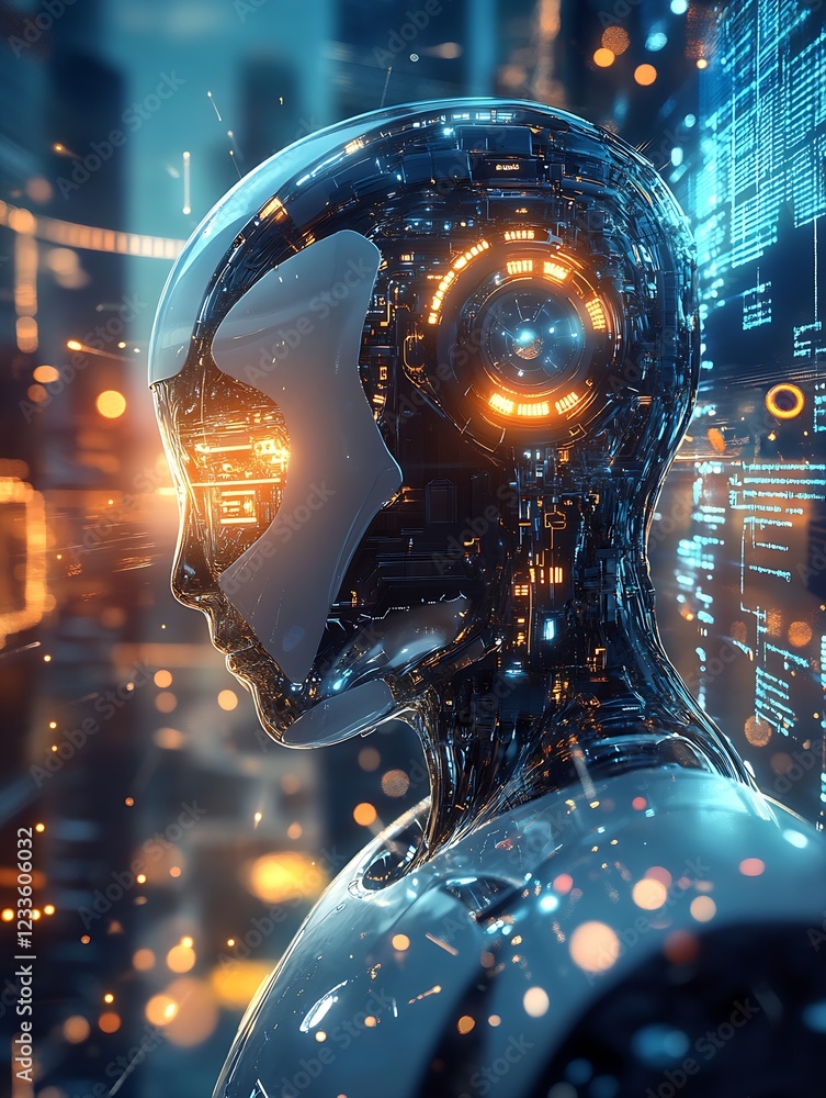 Leinwandbilder Futuristic Robot with Illuminated Circuitry and Holographic Interface in a Sci-Fi Cityscape : Generative AI