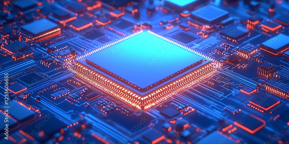 Poster futuristic blue circuit board with glowing central microchip technology innovation : generative ai