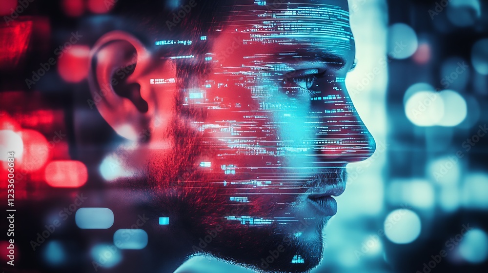 Poster digital male data integration in futuristic neon visualization : generative ai