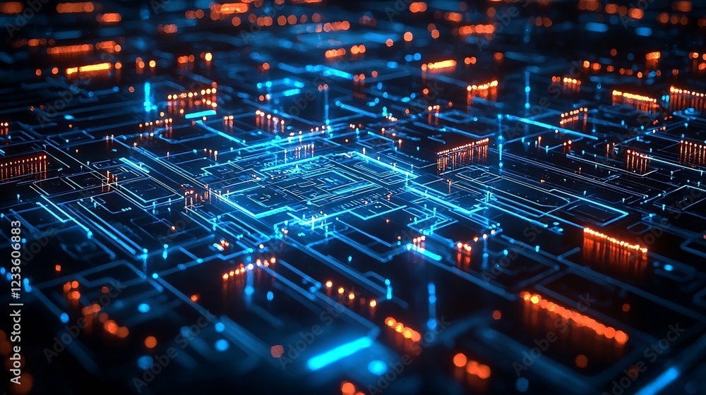 Poster Vibrant digital circuit board with intricate blue and orange patterns for modern design : Generative AI