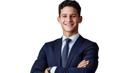 a young man wearing a blue suit and tie standing with his arms crossed in front of a transparent background, PNG image, PNG file, Generative art.