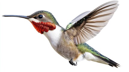 Hummingbird in Flight A Close-Up of Nature's Graceful Aviator Against a White Background
