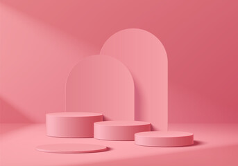 3D pink round podium set background in Valentine's Day concept. Abstract geometric composition in minimalist design. Studio display showroom stand product pedestal, Fashion stage showcase mockup scene