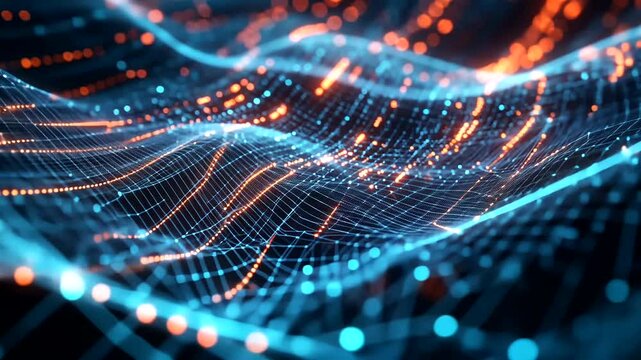 Abstract digital wave, glowing nodes, network, technology background; website header