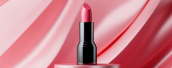 sleek pink lipstick displayed on stylish pedestal against soft pink background, showcasing elegance and beauty. Perfect for makeup enthusiasts and beauty brands