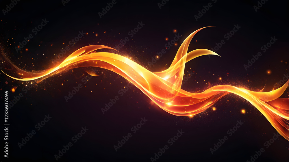 Poster golden energy flow: abstract fiery waves of golden light flow dynamically against a dark background,