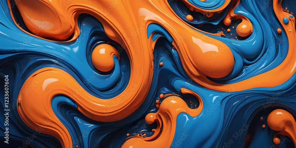 Poster abstract swirl: a mesmerizing blend of liquid blue and orange paint swirls into a mesmerizing abstra