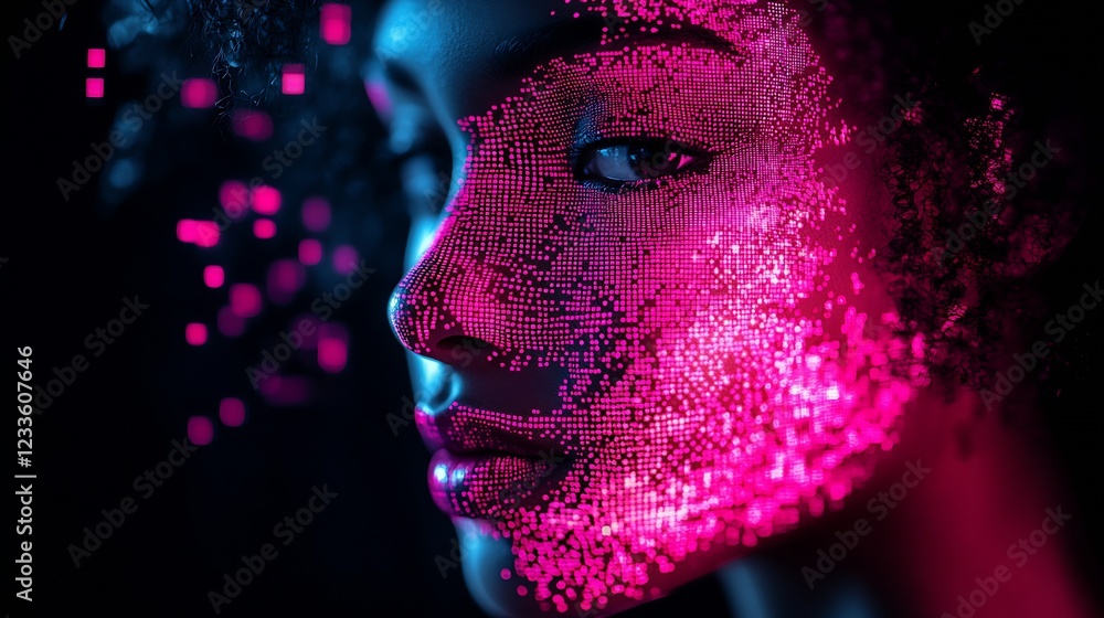 Poster futuristic neon portrait highlighting digital innovation and artistry with pixel elements : generati