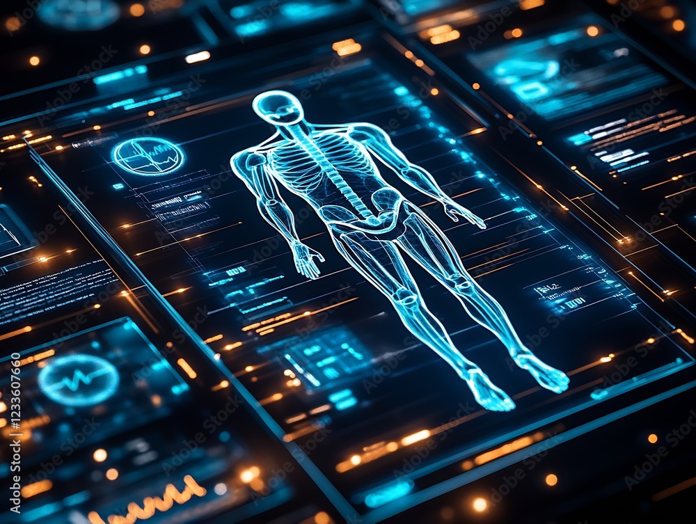 Poster futuristic digital human skeleton on virtual medical interface background : generative ai