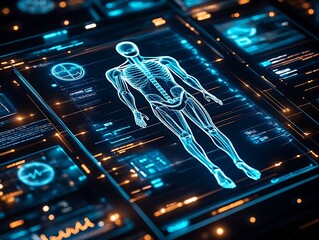 Futuristic Digital Human Skeleton on Virtual Medical Interface Background : Generative AI