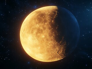 Naklejka premium Golden Celestial Body Half Illuminated In Space