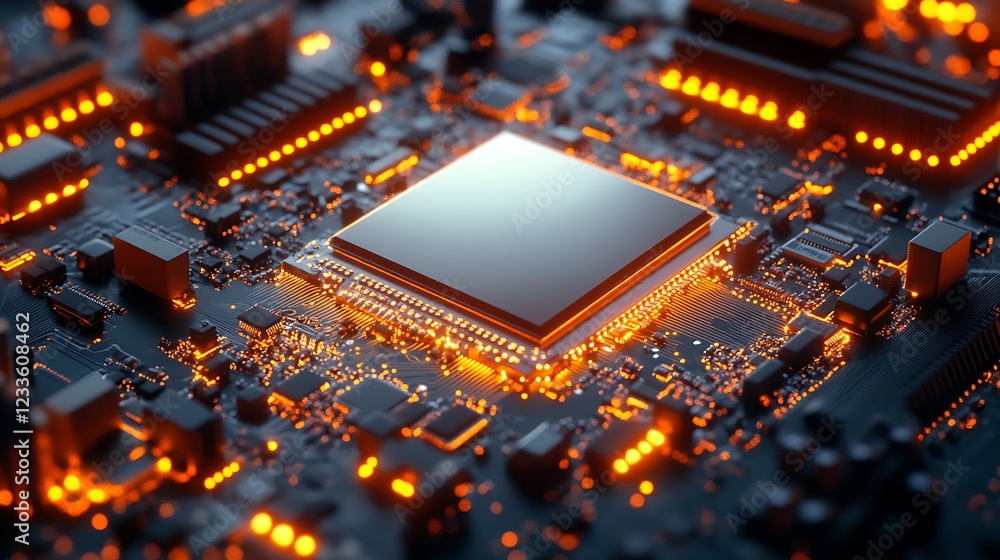 Aufkleber High-Tech Microprocessor with Vibrant Neon Light Display on Modern Circuit Board Interface : Generative AI