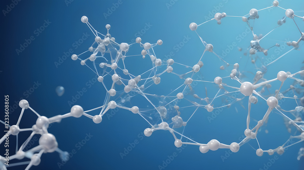 Poster molecular network: abstract 3d rendering of a complex molecular network, with interconnected white n