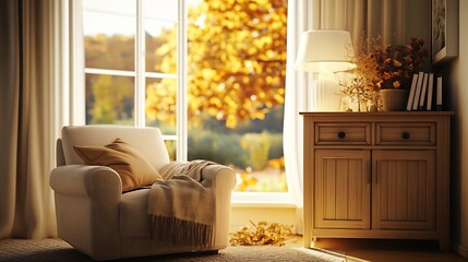 Obraz premium Serene Autumn Living Room Interior with Sunlight Window and Cozy Armchair : Generative AI
