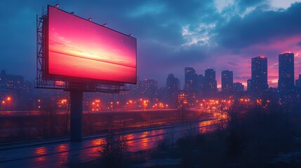 Obraz premium Sunset Cityscape Billboard: A Dreamlike Urban Twilight