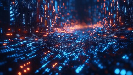 Obraz premium Abstract Digital Data Flow: A mesmerizing visual of binary code streams, forming a dynamic and vibrant digital landscape.