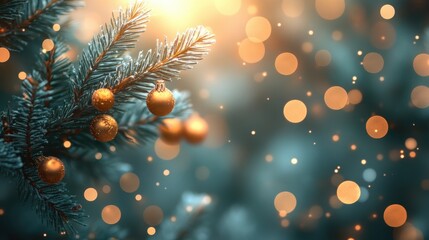A close-up of a Christmas tree branch with ornaments and soft bokeh lights.
