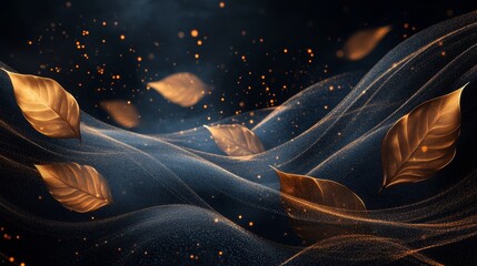 Golden Leaves Floating on Dark Abstract Background