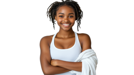 a beautiful young black woman in a white tank top with her arms wrapped in a towel standing against a transparent background, PNG image, PNG file, Generative art.